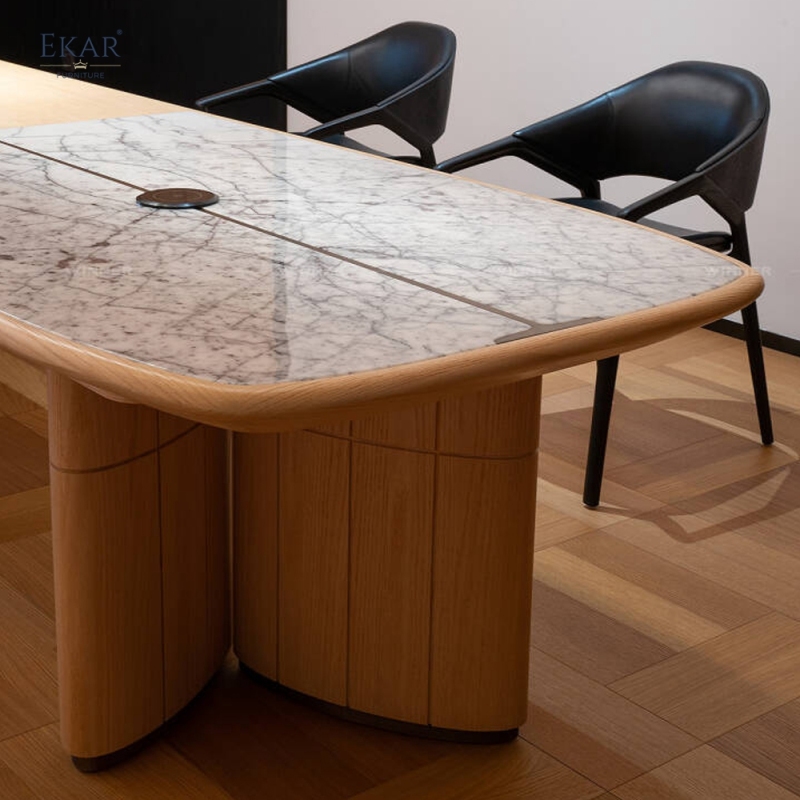 EKAR Modern Japandi Light Wood Executive Meeting Table with Marble Inlay & Tea Station