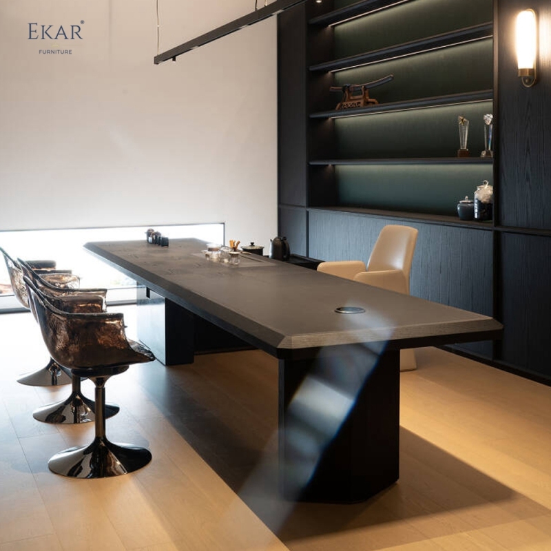 EKAR Modern Luxury Black Wood Executive Conference Table with Marble Base &amp; Integrated Tea Station