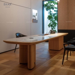 EKAR Modern Japandi Light Wood Executive Meeting Table with Marble Inlay & Tea Station