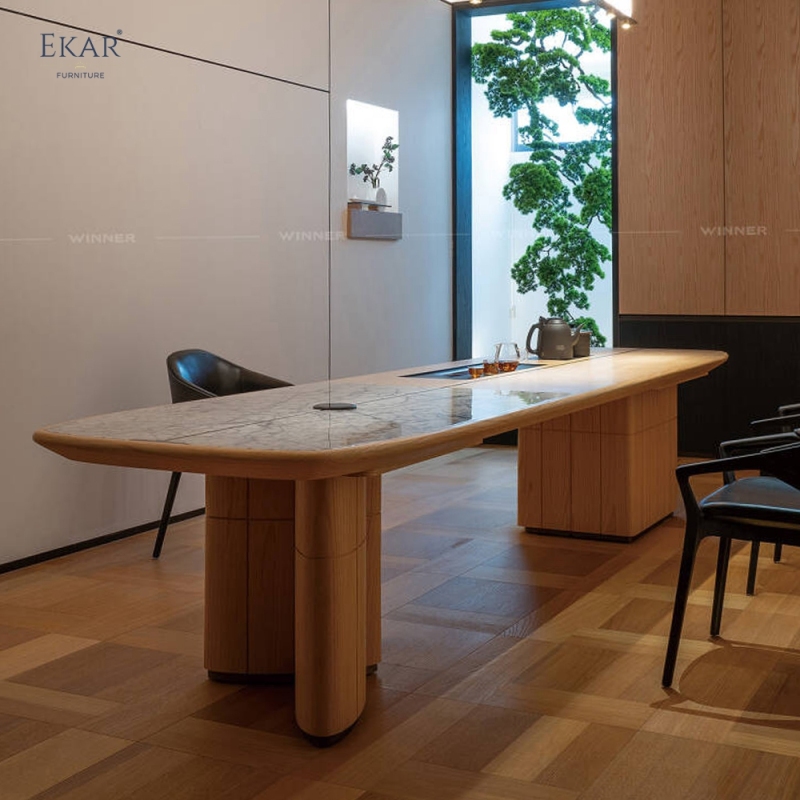 EKAR Modern Japandi Light Wood Executive Meeting Table with Marble Inlay & Tea Station