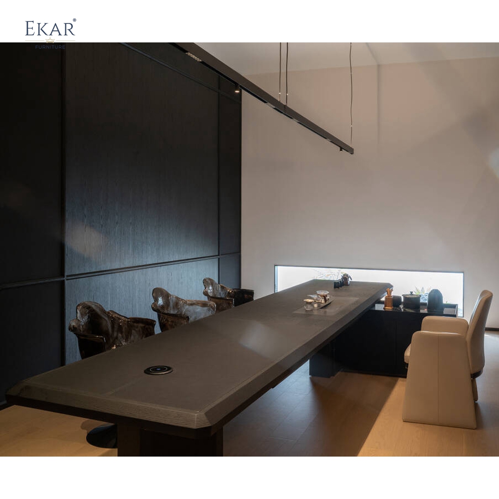 EKAR Modern Luxury Black Wood Executive Conference Table with Marble Base &amp; Integrated Tea Station