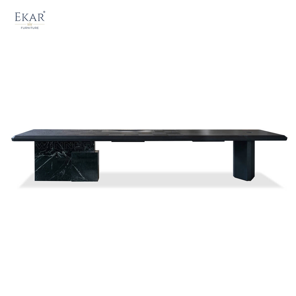 EKAR Modern Luxury Black Wood Executive Conference Table with Marble Base &amp; Integrated Tea Station