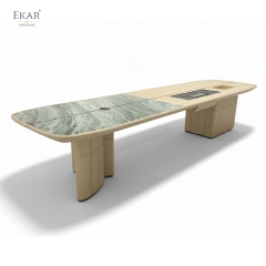 EKAR Modern Japandi Light Wood Executive Meeting Table with Marble Inlay & Tea Station