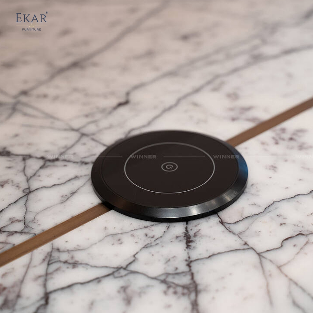 EKAR Modern Japandi Light Wood Executive Meeting Table with Marble Inlay & Tea Station