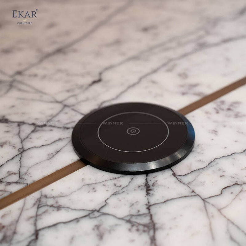 EKAR Modern Japandi Light Wood Executive Meeting Table with Marble Inlay & Tea Station