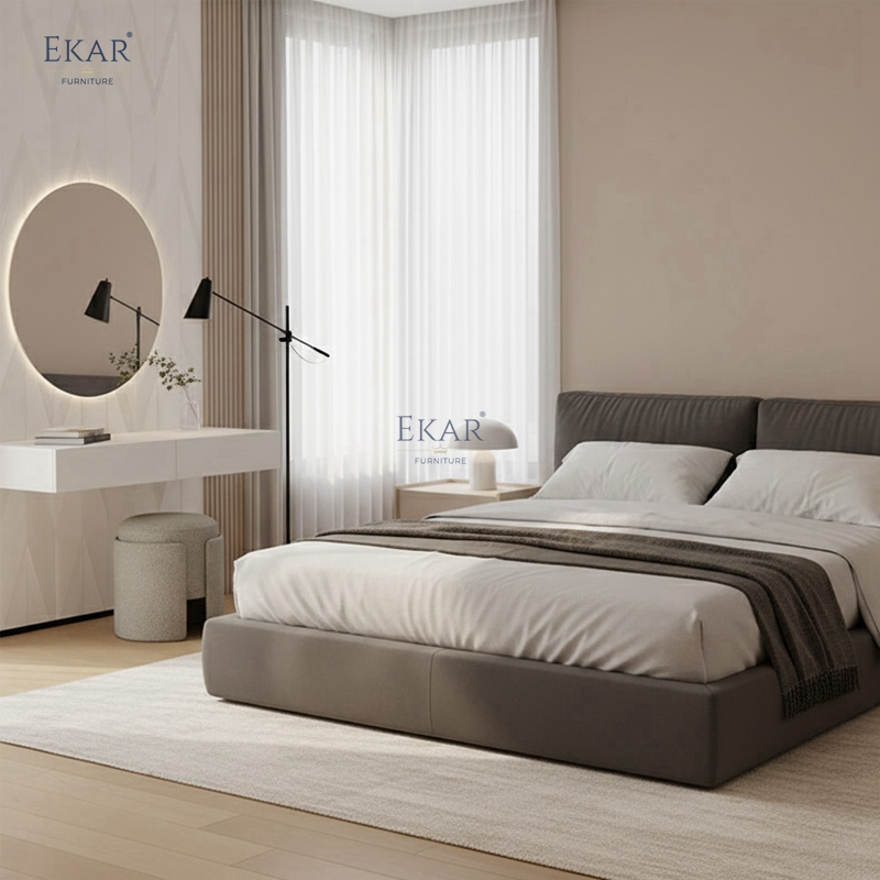 EKAR Vora Velvet Vanity Stool – Modern Round Makeup Ottoman