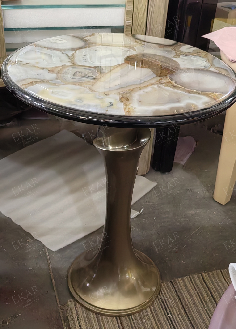 Modern Round Side Table with Marble Top and Metal Frame for Living Room