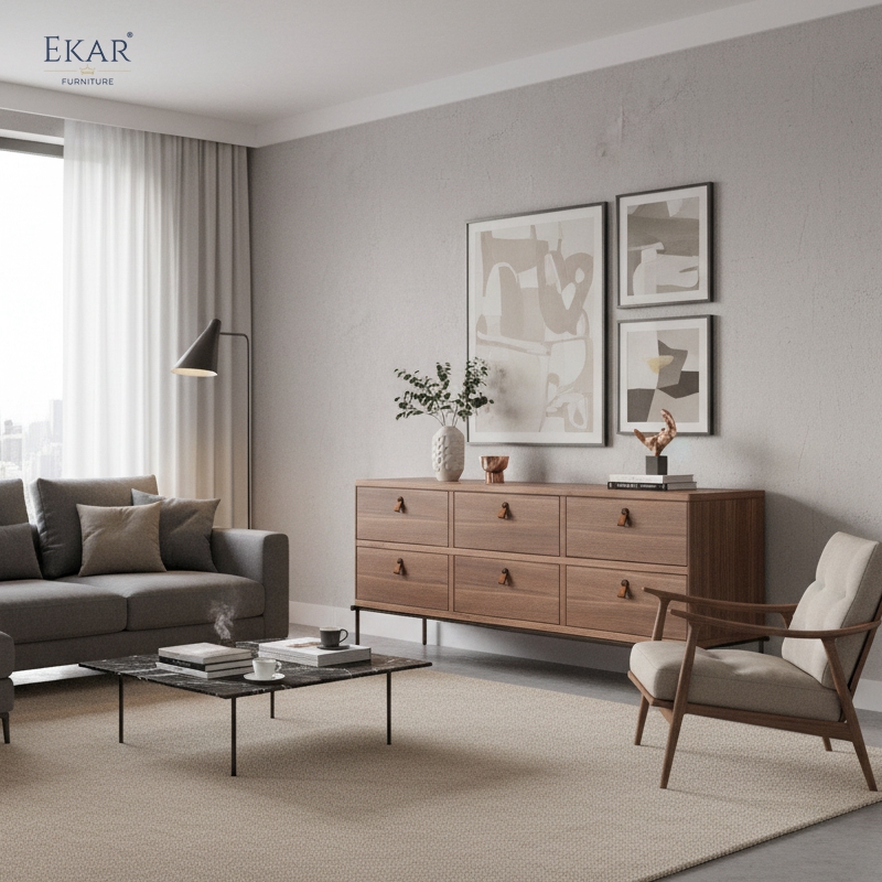 EKAR Maddox Walnut 6-Drawer Sideboard – Mid-Century Modern Storage Cabinet