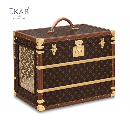 EKAR Monogram Pet Carrier Trunk | Gilded Copper Luxury Travel Crate for Small Animals