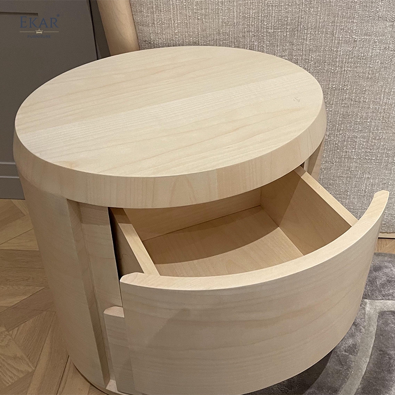 EKAR "Circula" Minimalist Round Nightstand - Light Wood 2-Drawer Furniture