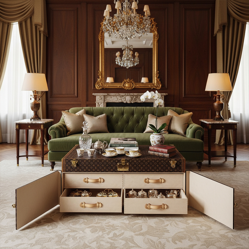 EKAR Luxury Monogram Trunk Coffee Table - Vintage Designer Storage Chest