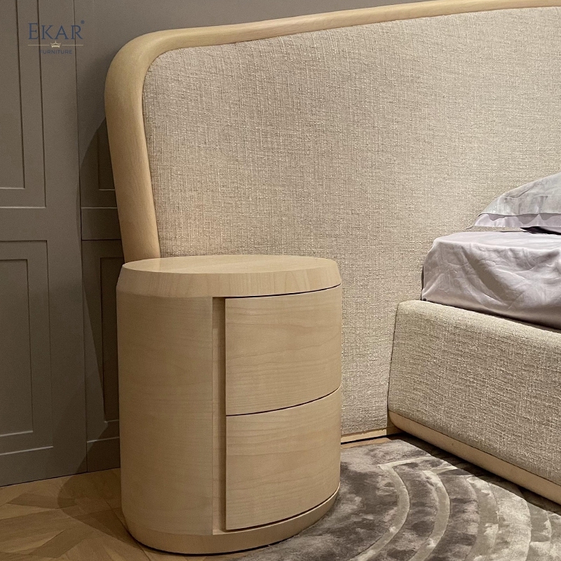 EKAR "Circula" Minimalist Round Nightstand - Light Wood 2-Drawer Furniture
