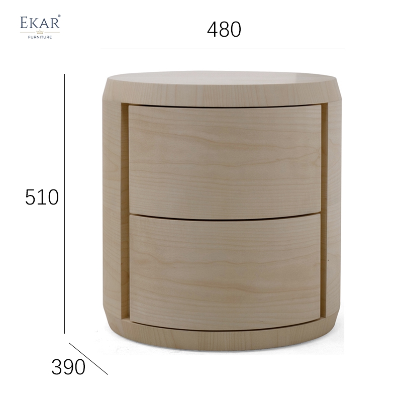 EKAR "Circula" Minimalist Round Nightstand - Light Wood 2-Drawer Furniture