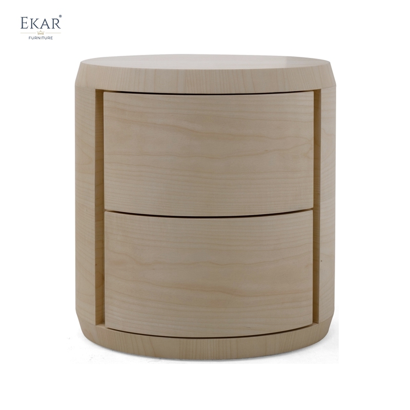 EKAR "Circula" Minimalist Round Nightstand - Light Wood 2-Drawer Furniture