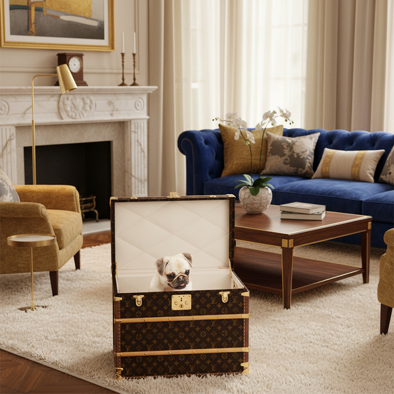 EKAR Monogram Pet Carrier Trunk | Gilded Copper Luxury Travel Crate for Small Animals