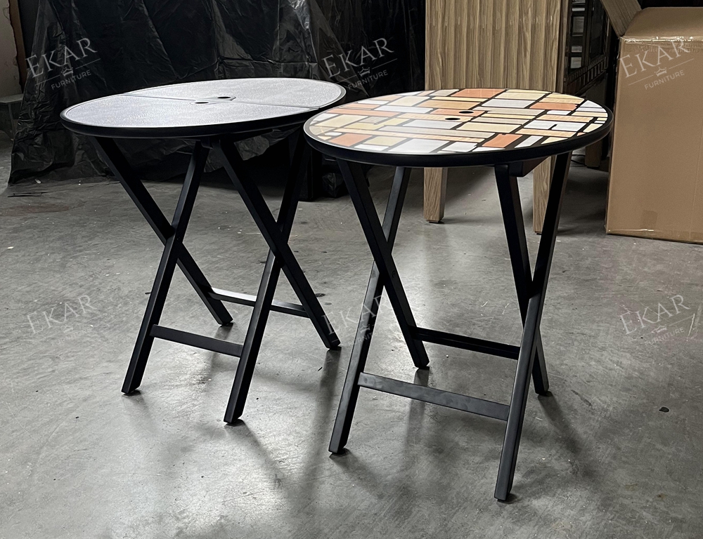 Modern Solid Wood Side Table with Parquet Inlay Top and Brass Accents