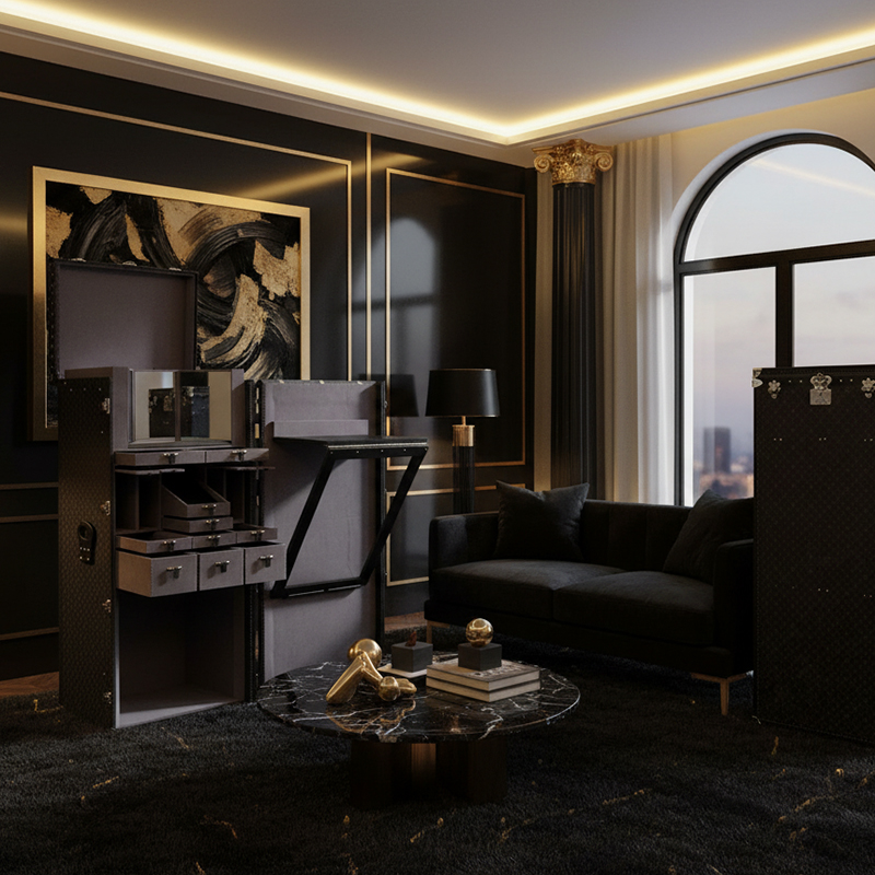 EKAR Nocturne Voyager: Luxury Bar Trunk Cabinet with Fold-Out Mixology Table & Mirrored Interior