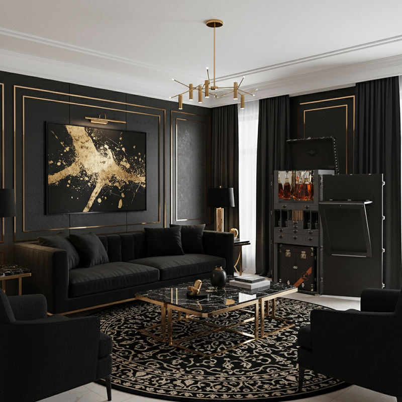 EKAR Nocturne Voyager: Luxury Bar Trunk Cabinet with Fold-Out Mixology Table & Mirrored Interior