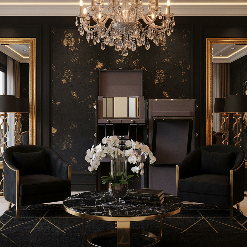 EKAR Nocturne Voyager: Luxury Bar Trunk Cabinet with Fold-Out Mixology Table & Mirrored Interior