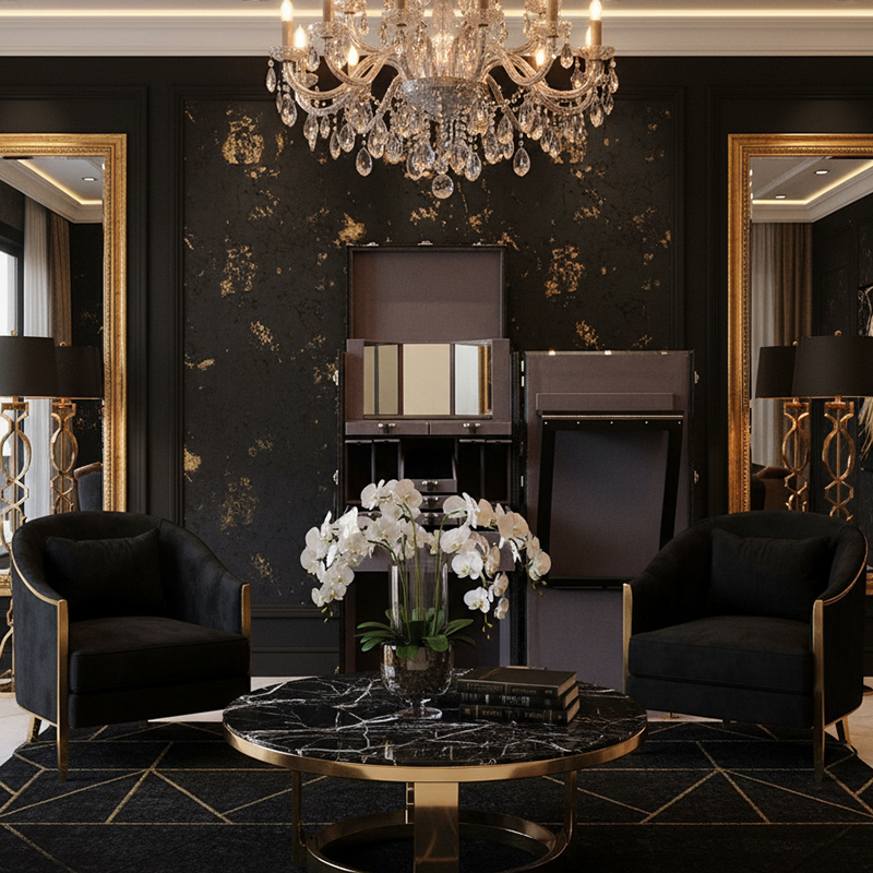 EKAR Nocturne Voyager: Luxury Bar Trunk Cabinet with Fold-Out Mixology Table & Mirrored Interior