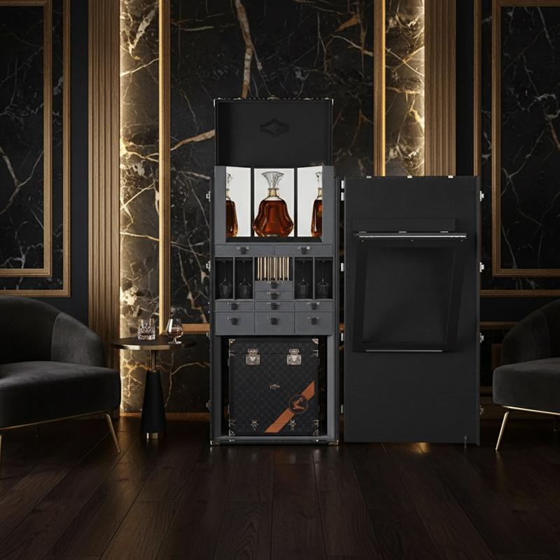 EKAR Nocturne Voyager: Luxury Bar Trunk Cabinet with Fold-Out Mixology Table & Mirrored Interior