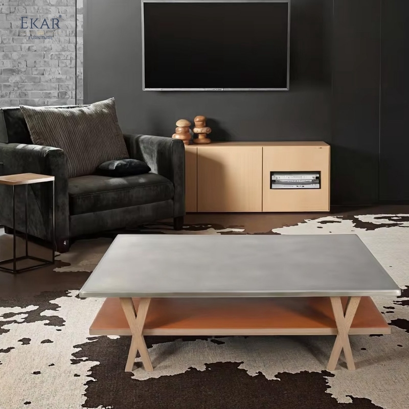 EKAR Zenith Coffee Table | Top-Luxury Double-Tier Solid Wood with Genuine Leather Trim