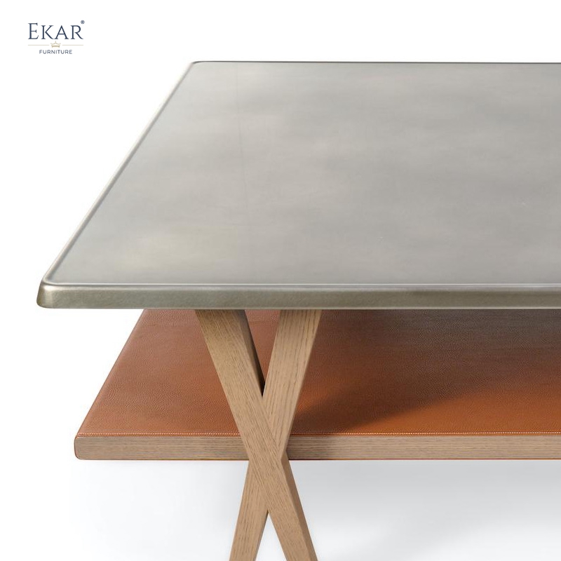 EKAR Zenith Coffee Table | Top-Luxury Double-Tier Solid Wood with Genuine Leather Trim