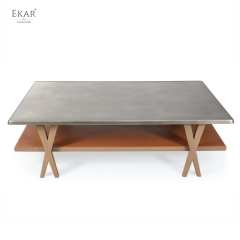 EKAR Zenith Coffee Table | Top-Luxury Double-Tier Solid Wood with Genuine Leather Trim