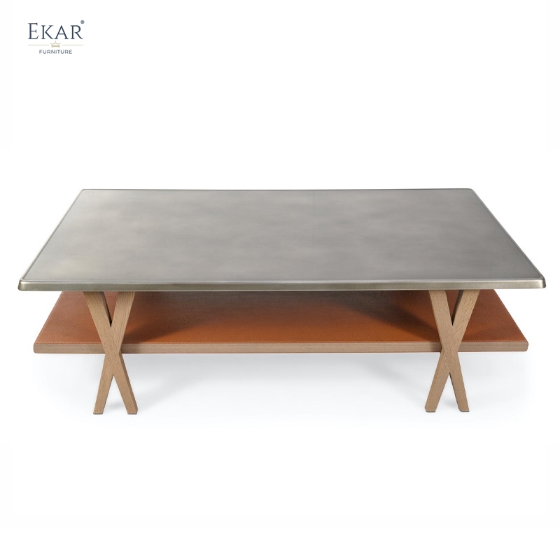EKAR Zenith Coffee Table | Top-Luxury Double-Tier Solid Wood with Genuine Leather Trim