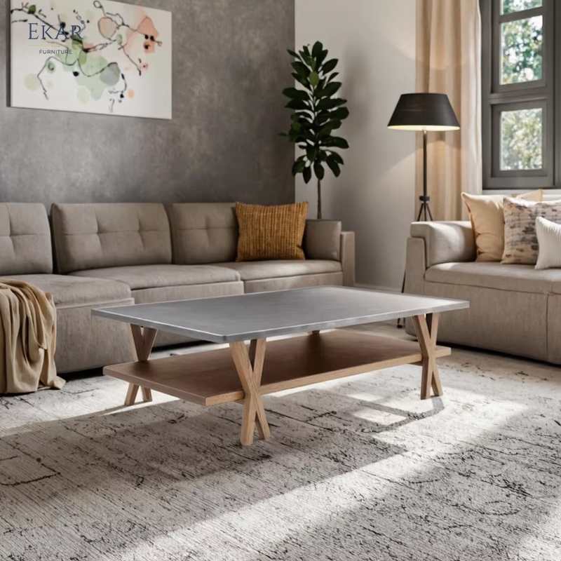 EKAR Zenith Coffee Table | Top-Luxury Double-Tier Solid Wood with Genuine Leather Trim