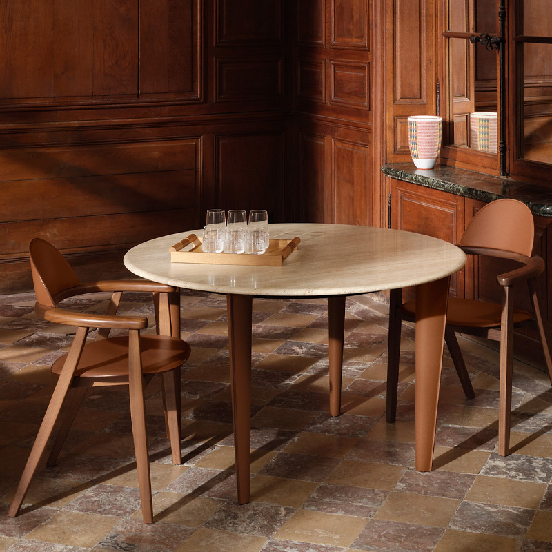 EKAR Lira Round Dining Table | Top-Luxury Natural Marble Top & Leather-Wrapped Legs