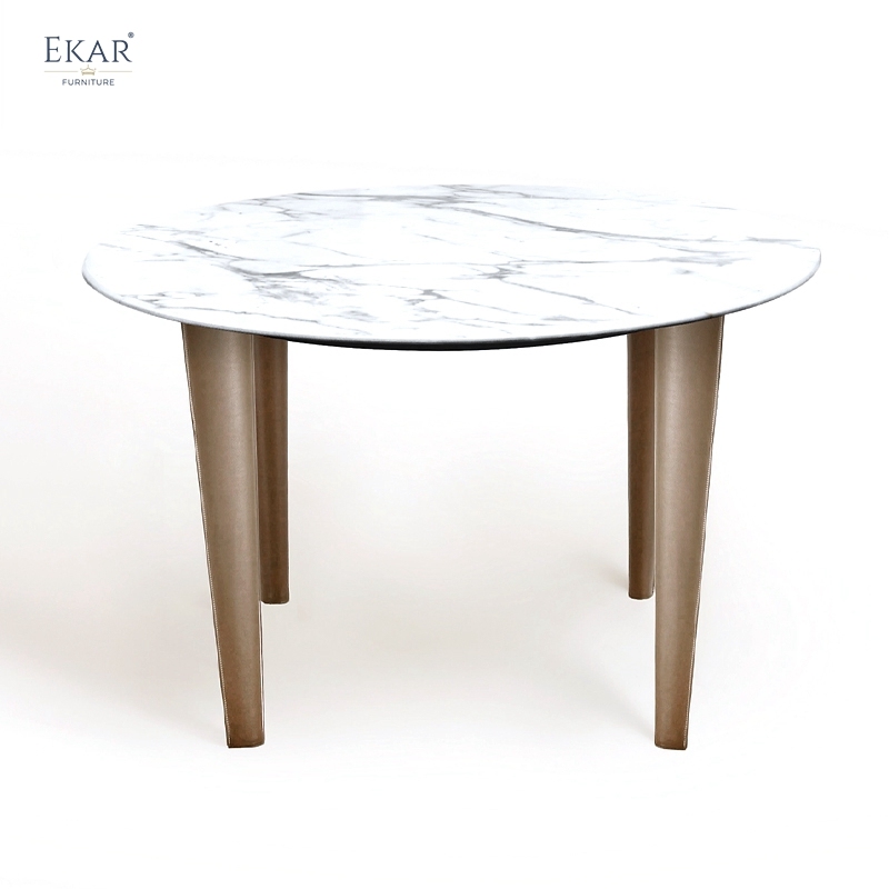EKAR Lira Round Dining Table | Top-Luxury Natural Marble Top & Leather-Wrapped Legs