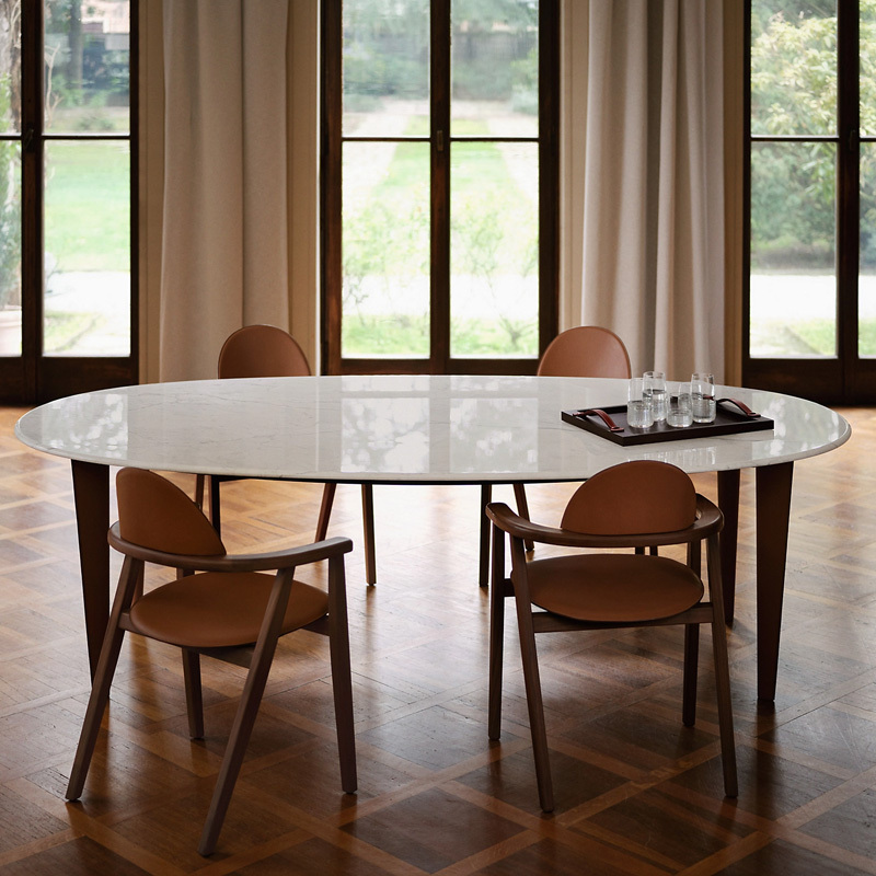 EKAR Lira Round Dining Table | Top-Luxury Natural Marble Top & Leather-Wrapped Legs
