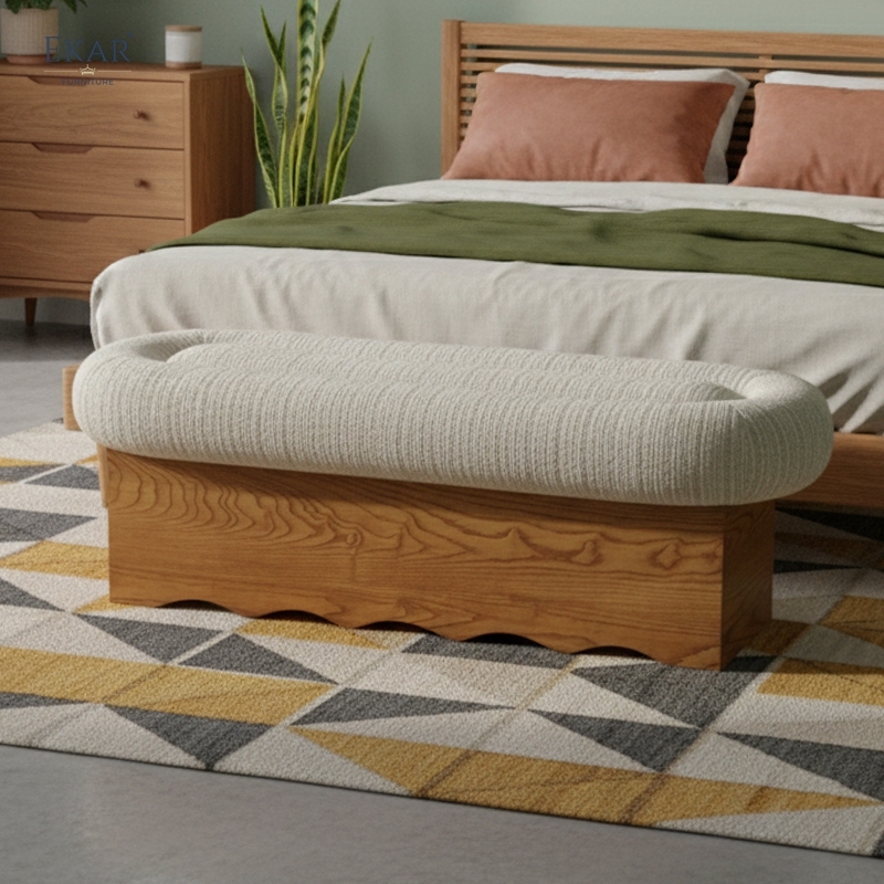 EKAR "Milo" Mid-Century Modern Upholstered Bench – Handcrafted Solid Wood Bedroom