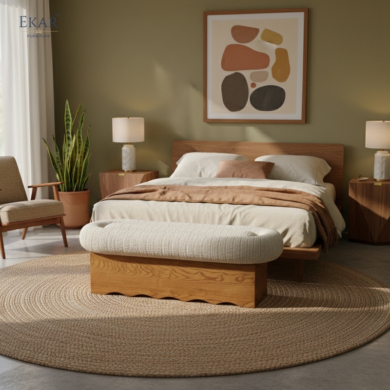 EKAR "Milo" Mid-Century Modern Upholstered Bench – Handcrafted Solid Wood Bedroom