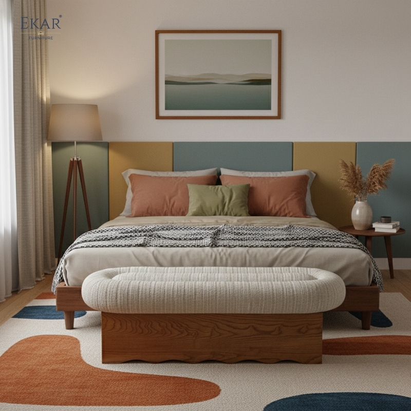 EKAR "Milo" Mid-Century Modern Upholstered Bench – Handcrafted Solid Wood Bedroom