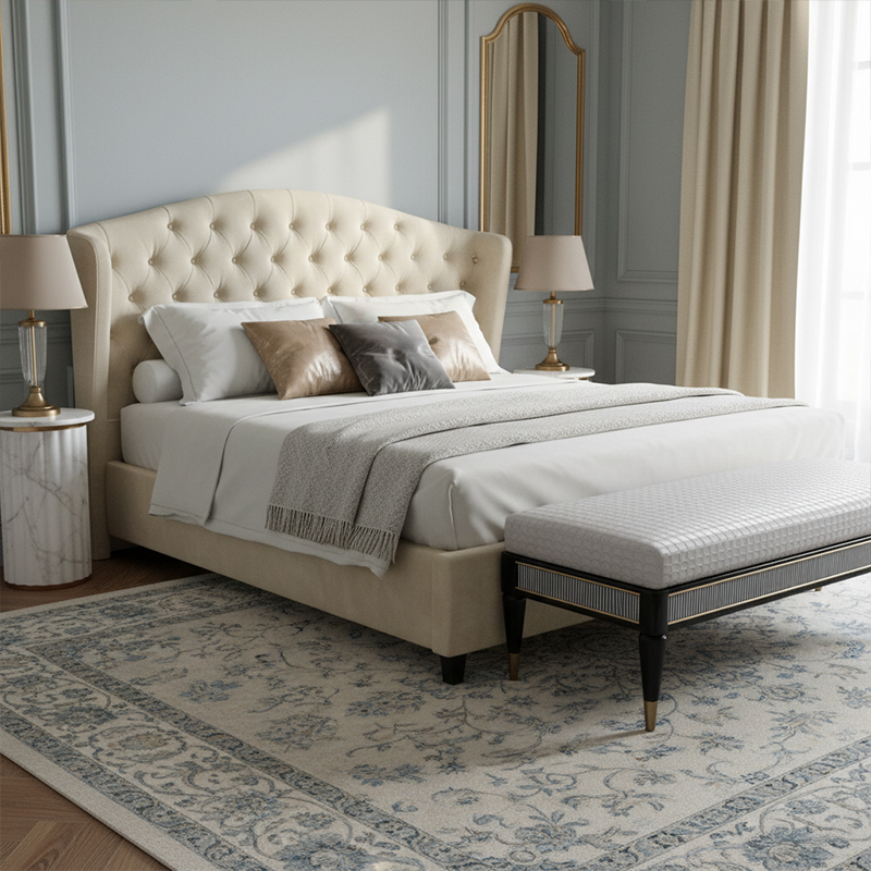 EKAR Astoria Art Deco Upholstered End of Bed Bench with Gold Accents
