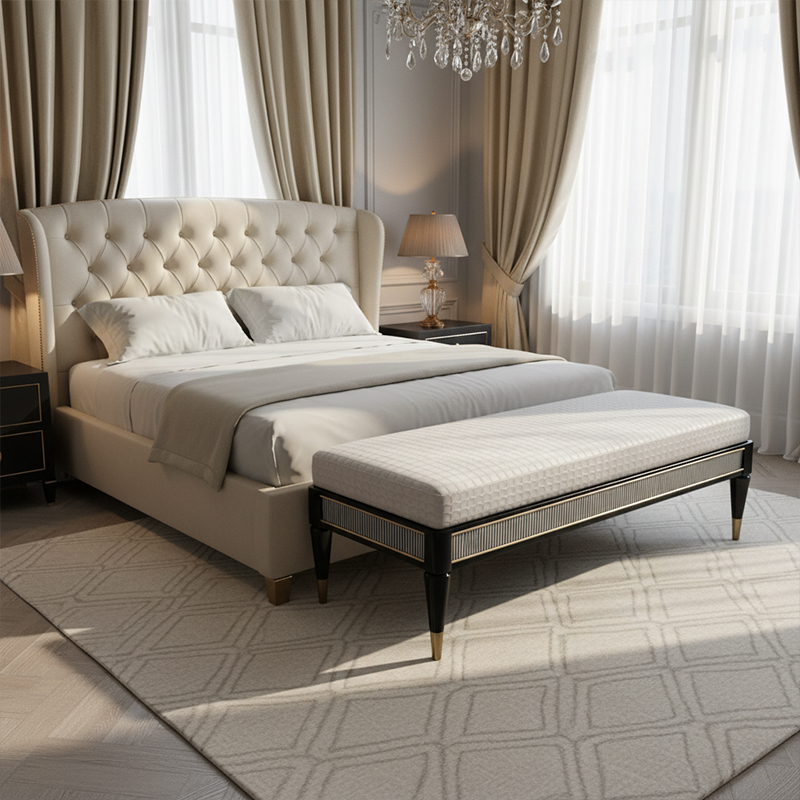 EKAR Astoria Art Deco Upholstered End of Bed Bench with Gold Accents