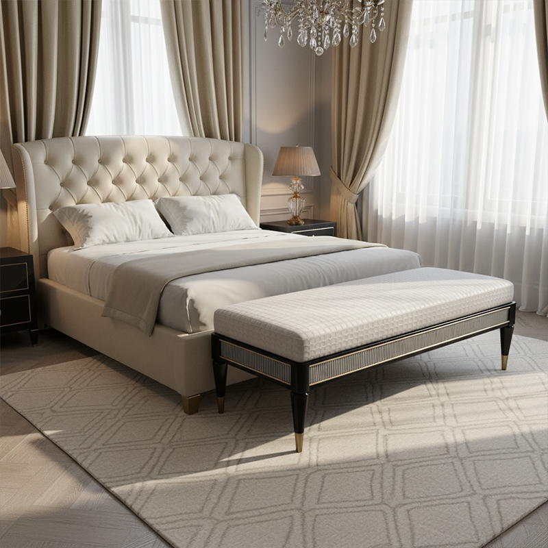 EKAR Astoria Art Deco Upholstered End of Bed Bench with Gold Accents