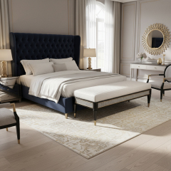 EKAR Astoria Art Deco Upholstered End of Bed Bench with Gold Accents