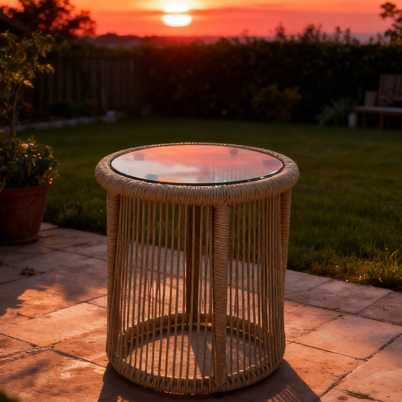 EKAR Laguna Woven Rope Drum Side Table with Smoked Glass Top
