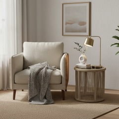 EKAR Laguna Woven Rope Drum Side Table with Smoked Glass Top