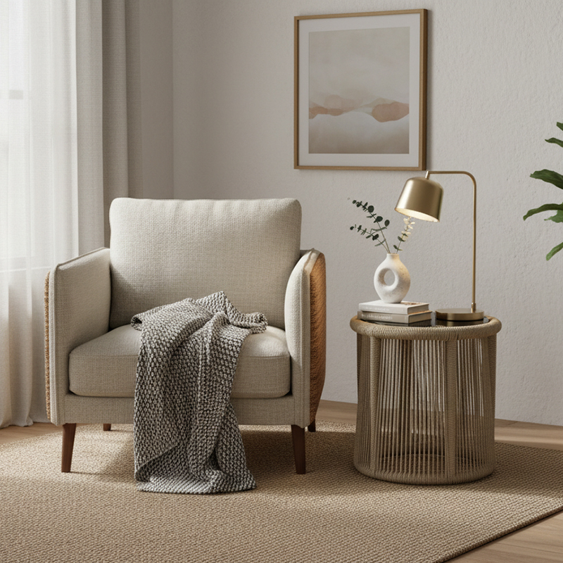 EKAR Laguna Woven Rope Drum Side Table with Smoked Glass Top