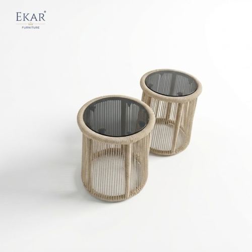 EKAR Laguna Woven Rope Drum Side Table with Smoked Glass Top