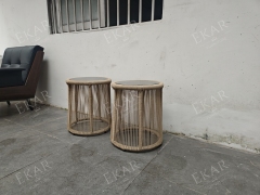 EKAR Laguna Woven Rope Drum Side Table with Smoked Glass Top