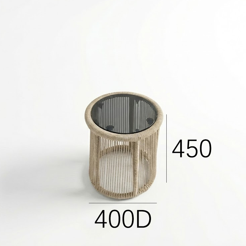 EKAR Laguna Woven Rope Drum Side Table with Smoked Glass Top