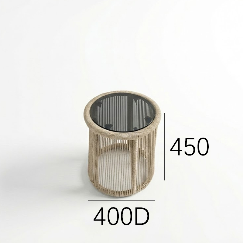 EKAR Laguna Woven Rope Drum Side Table with Smoked Glass Top