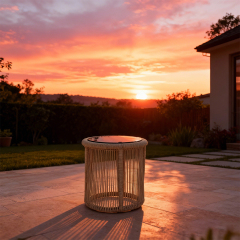 EKAR Laguna Woven Rope Drum Side Table with Smoked Glass Top
