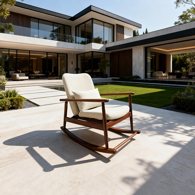 EKAR Solstice Solid Teak Outdoor Rocking Chair with Weather-Resistant Cream Cushions