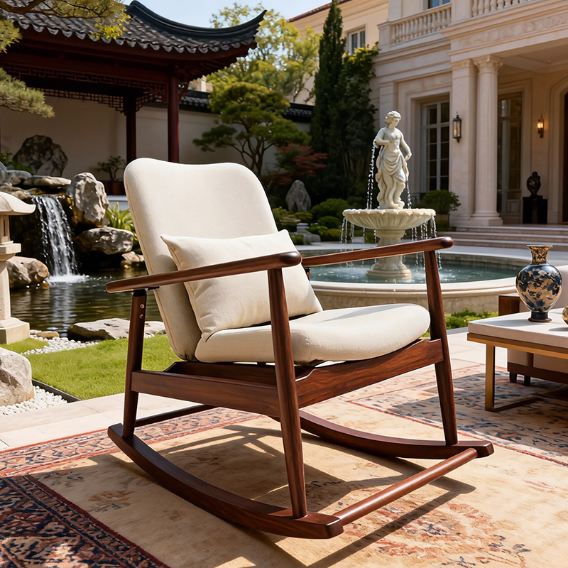 EKAR Solstice Solid Teak Outdoor Rocking Chair with Weather-Resistant Cream Cushions